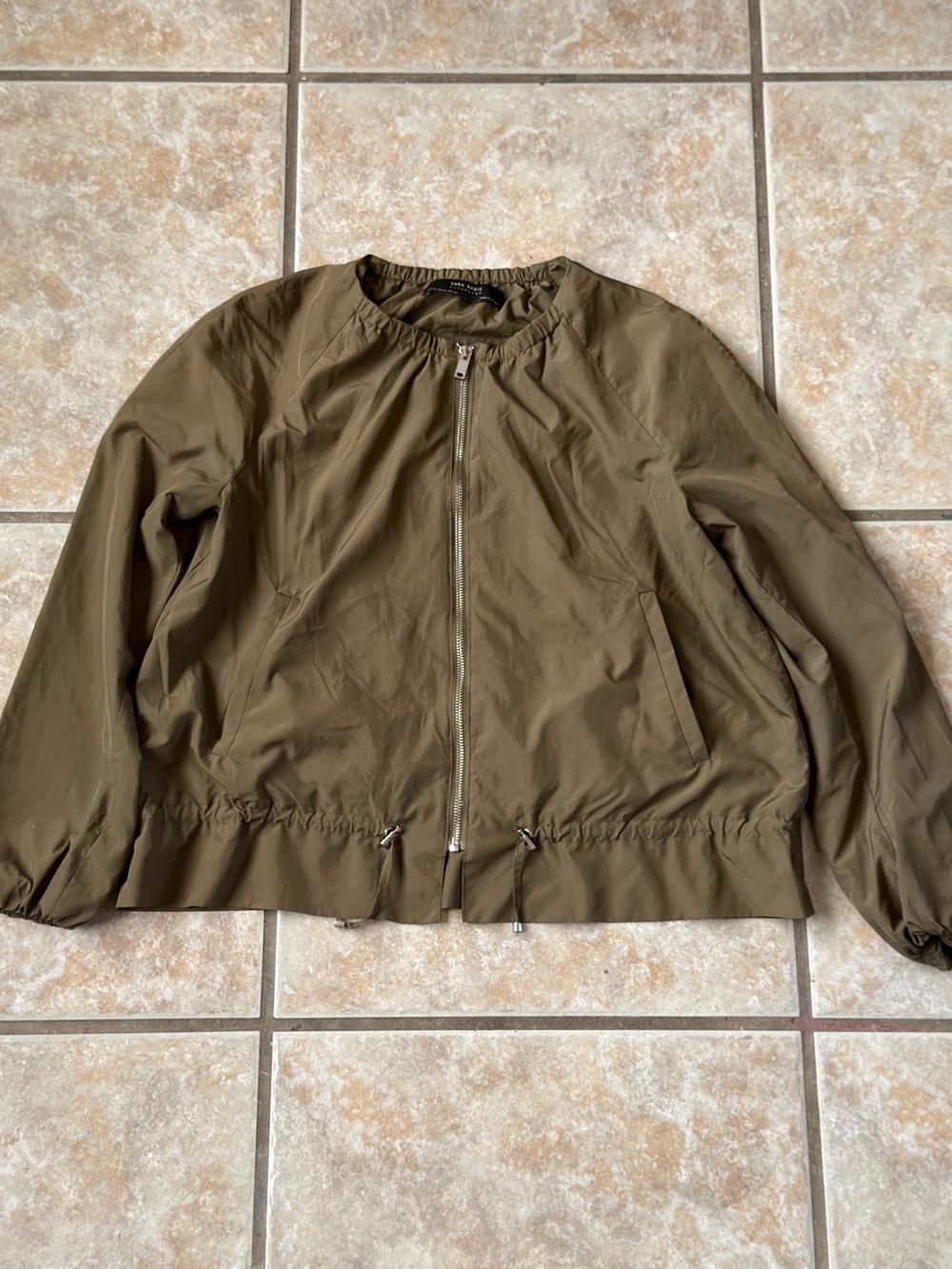 Zara Basic Lightweight Drawstring Waist Bomber Jacket Olive Green